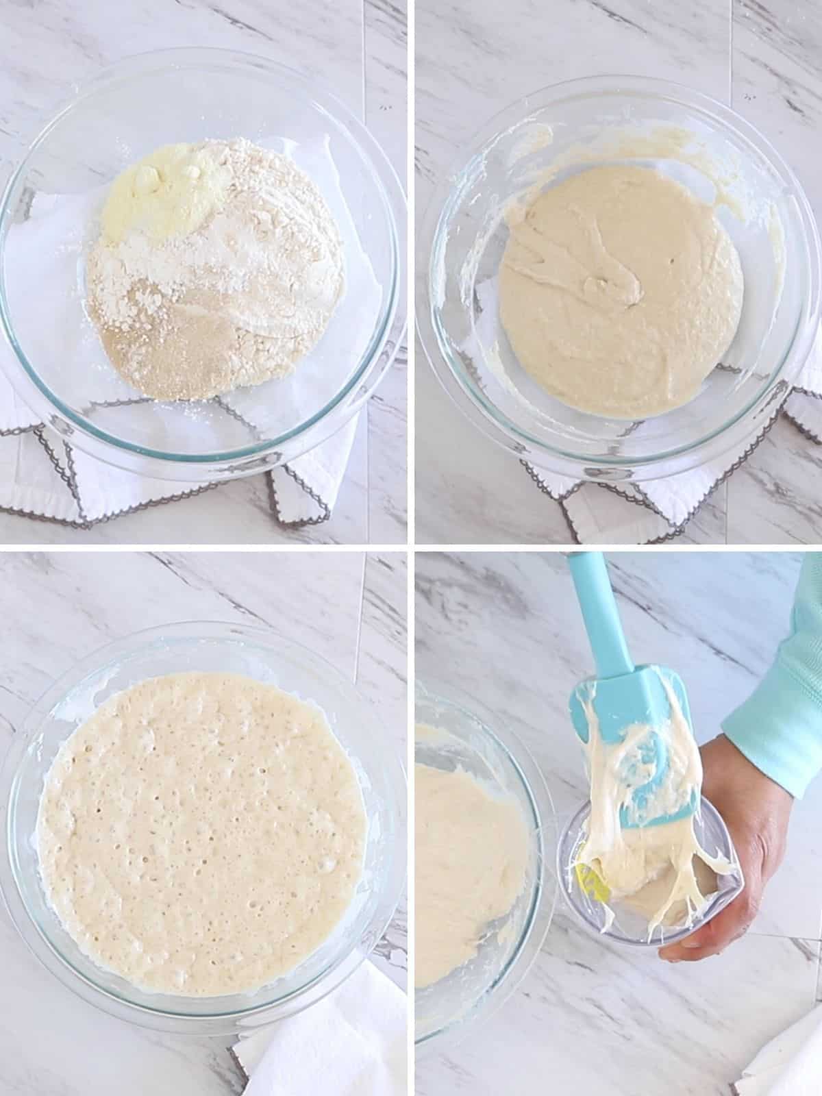 A collage of 4 images showing how to make zalabia dough.