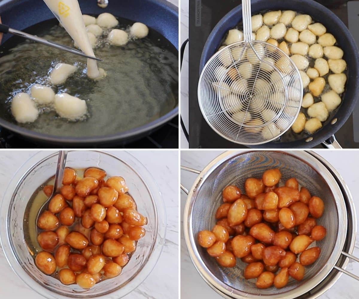 A collage of four images showing how to fry zalabia.
