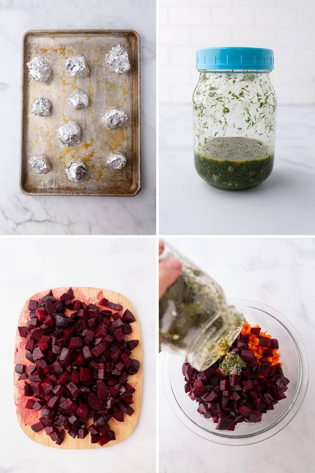 A collage of four images showing how to make beet salad.