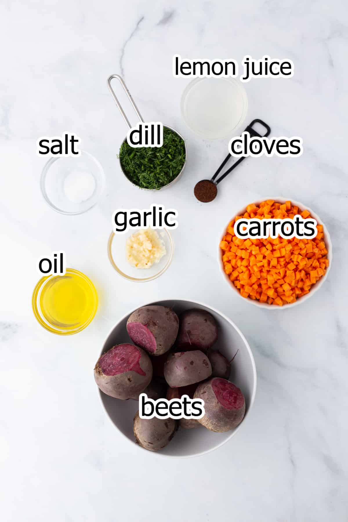 Beet salad ingredients on a countertop.