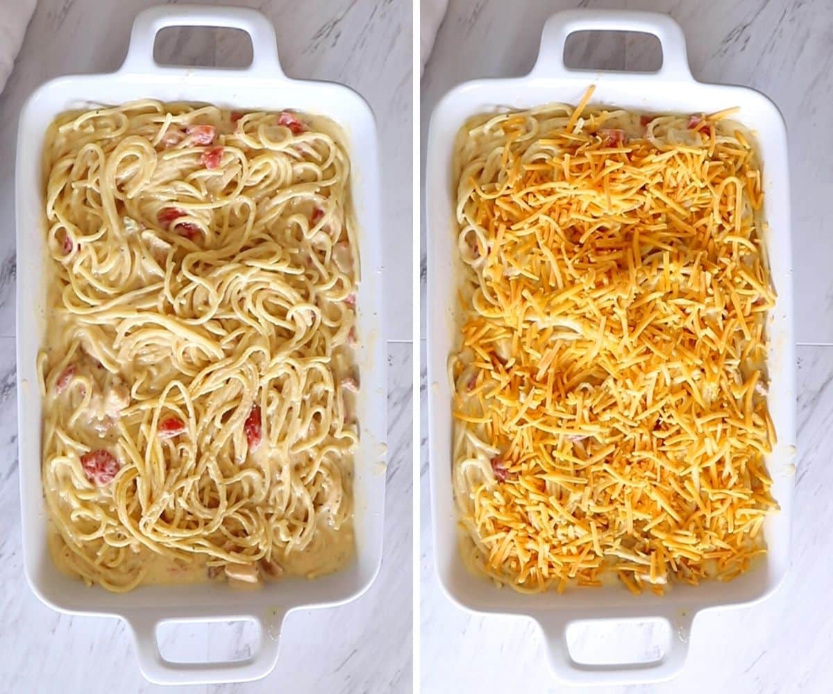 A collage of two images showing how to finish chicken spaghetti in oven.