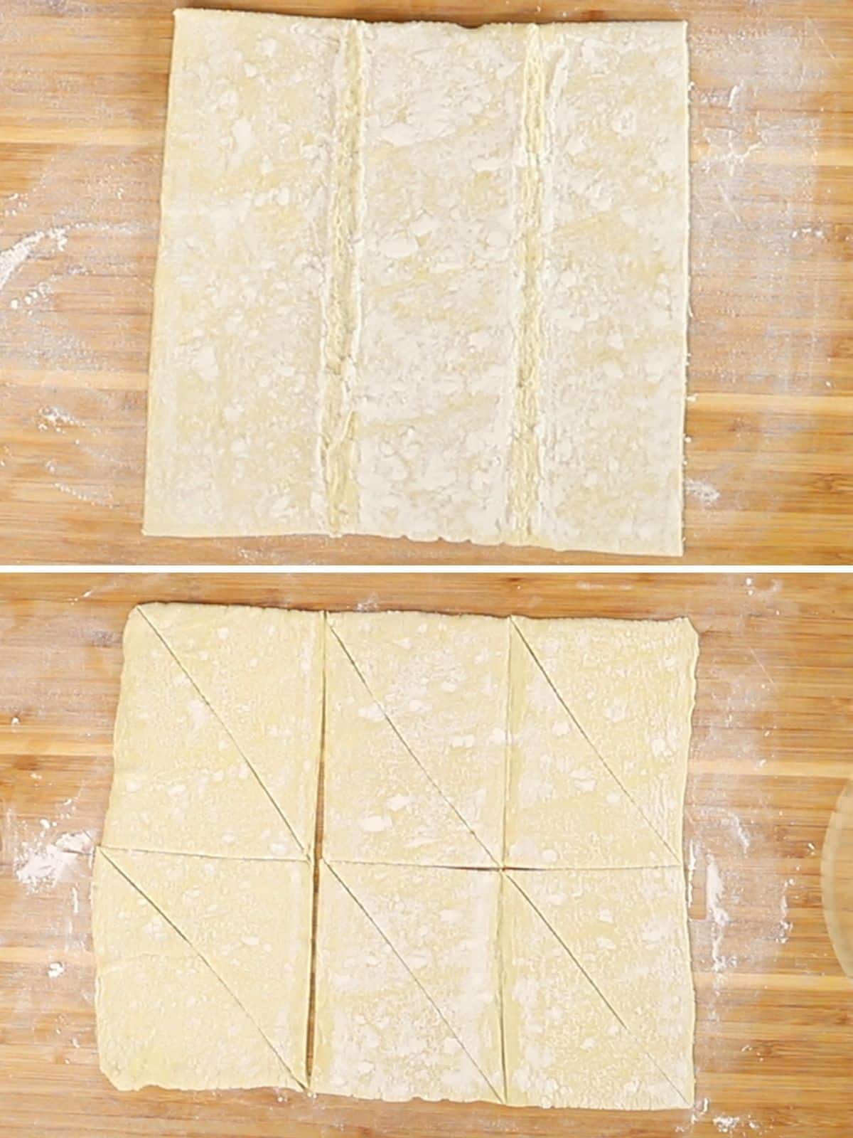 A collage of two images showing how to roll and cut puff pastry sheet.