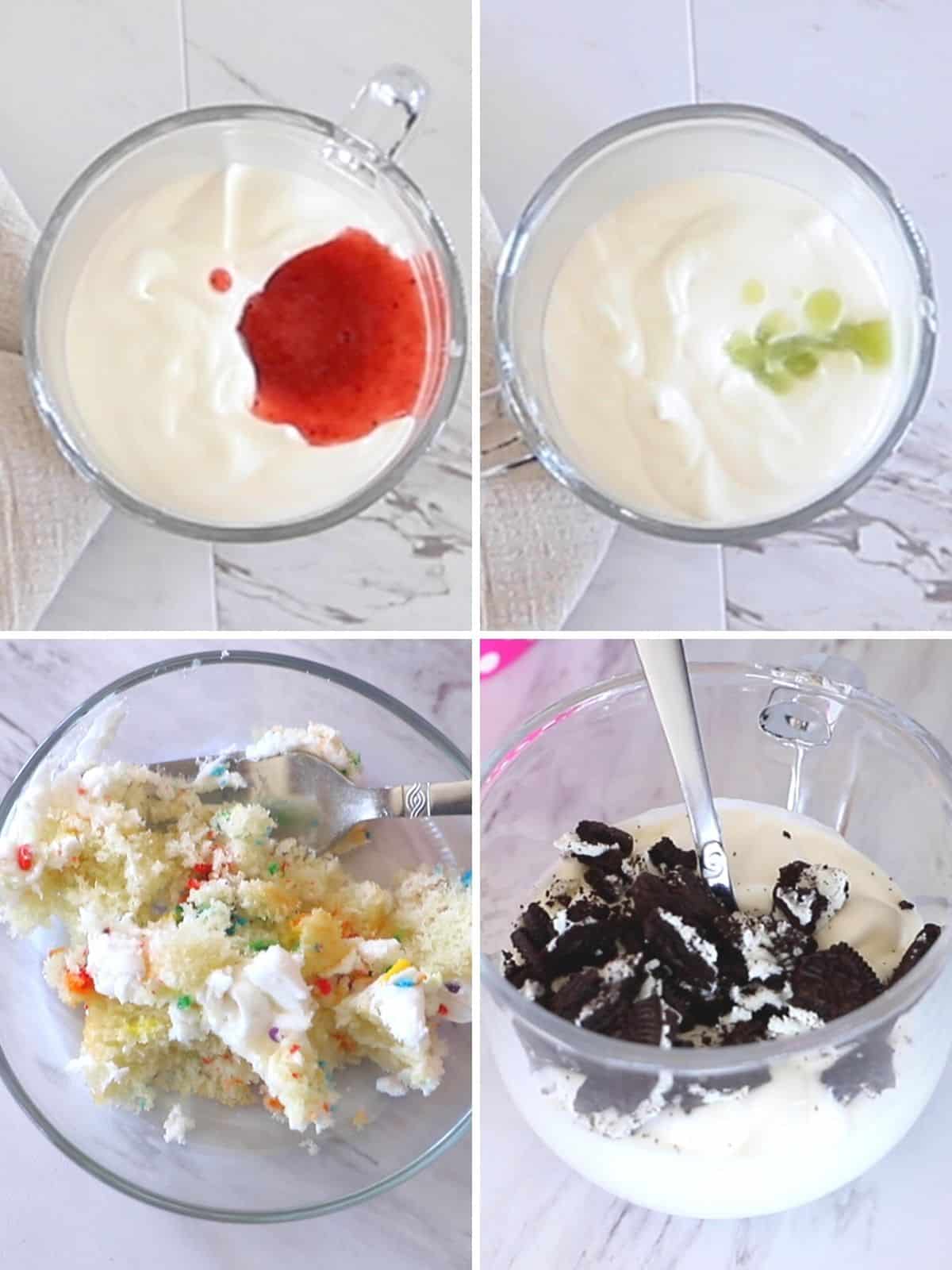 A collage of four images showing how to flavor ice cream in different ways.