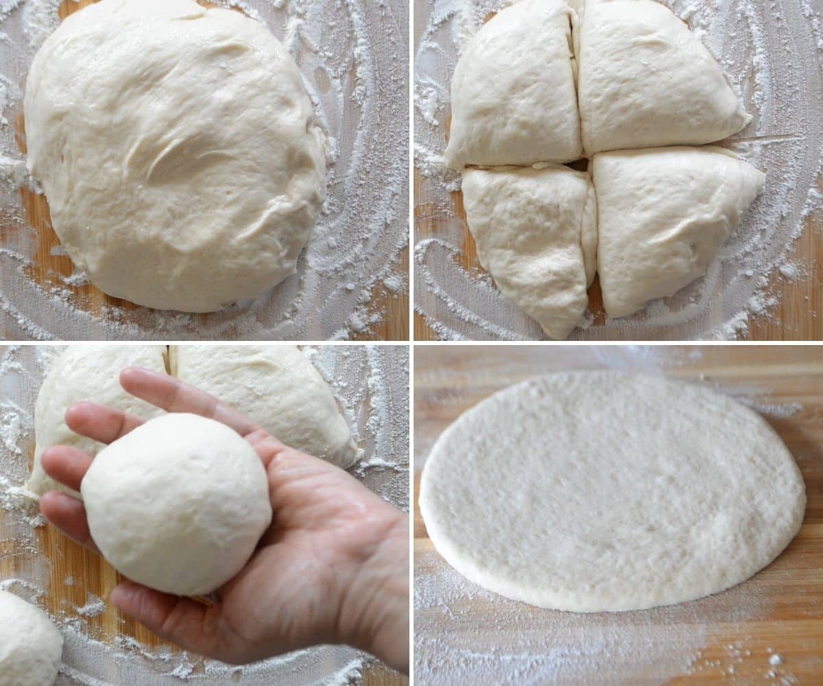 A collage of four images showing how to shape pita bread.