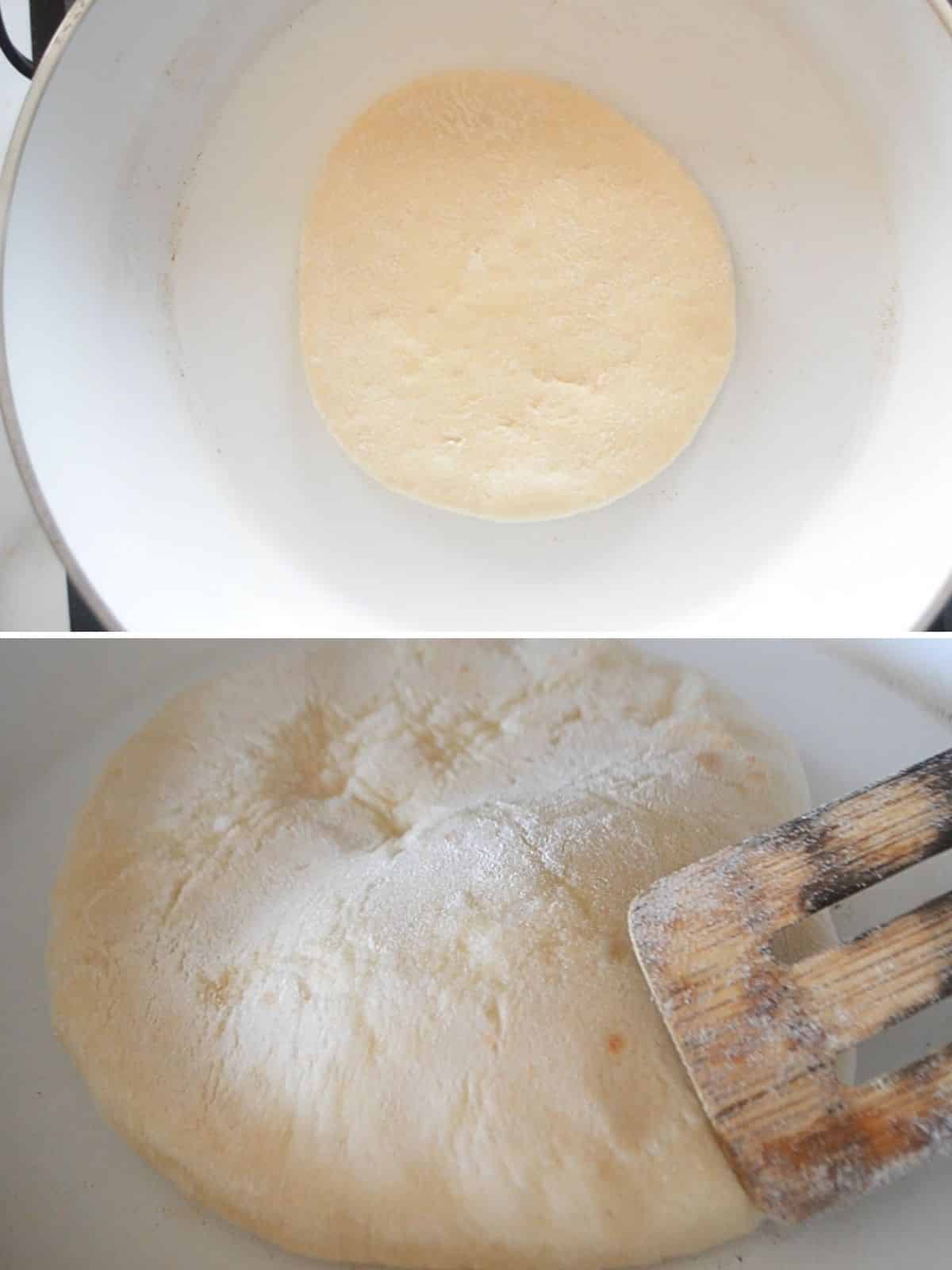 A collage of two images showing how to cook pita bread on a skillet.