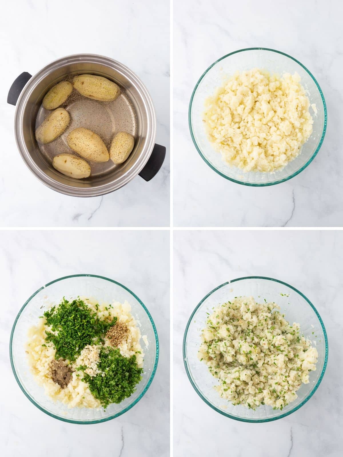A collage of 4 images showing how to make potato balls.