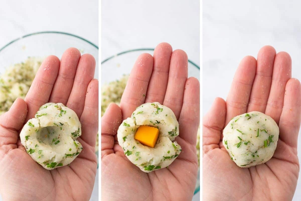 A collage of three images showing how to shape potato balls.