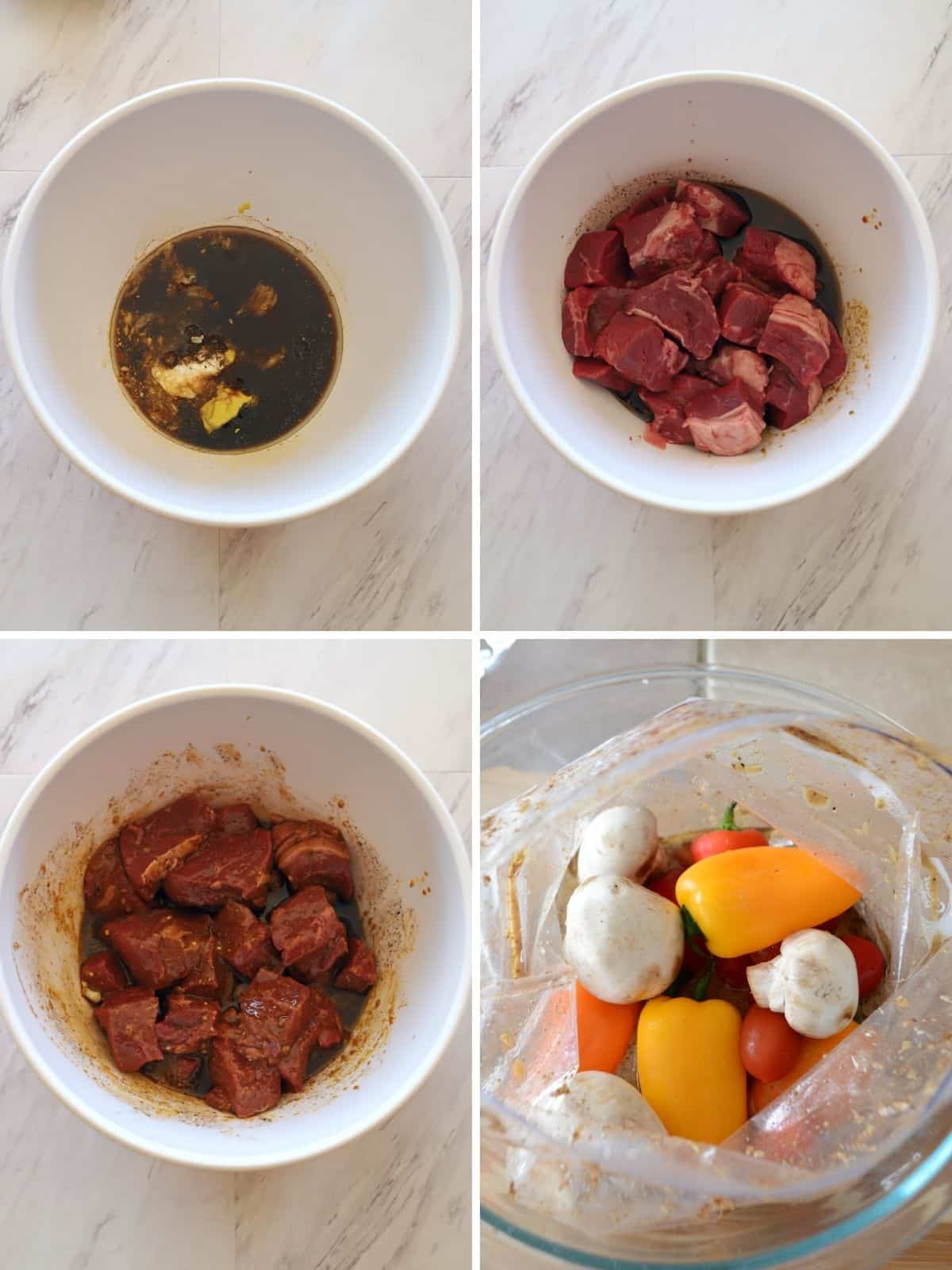 A collage of four images showing how to marinade shish kebab.