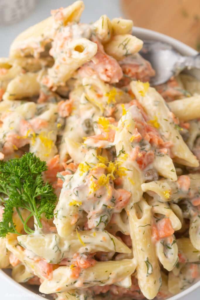 A close up look at a plate with smoked salmon pasta.