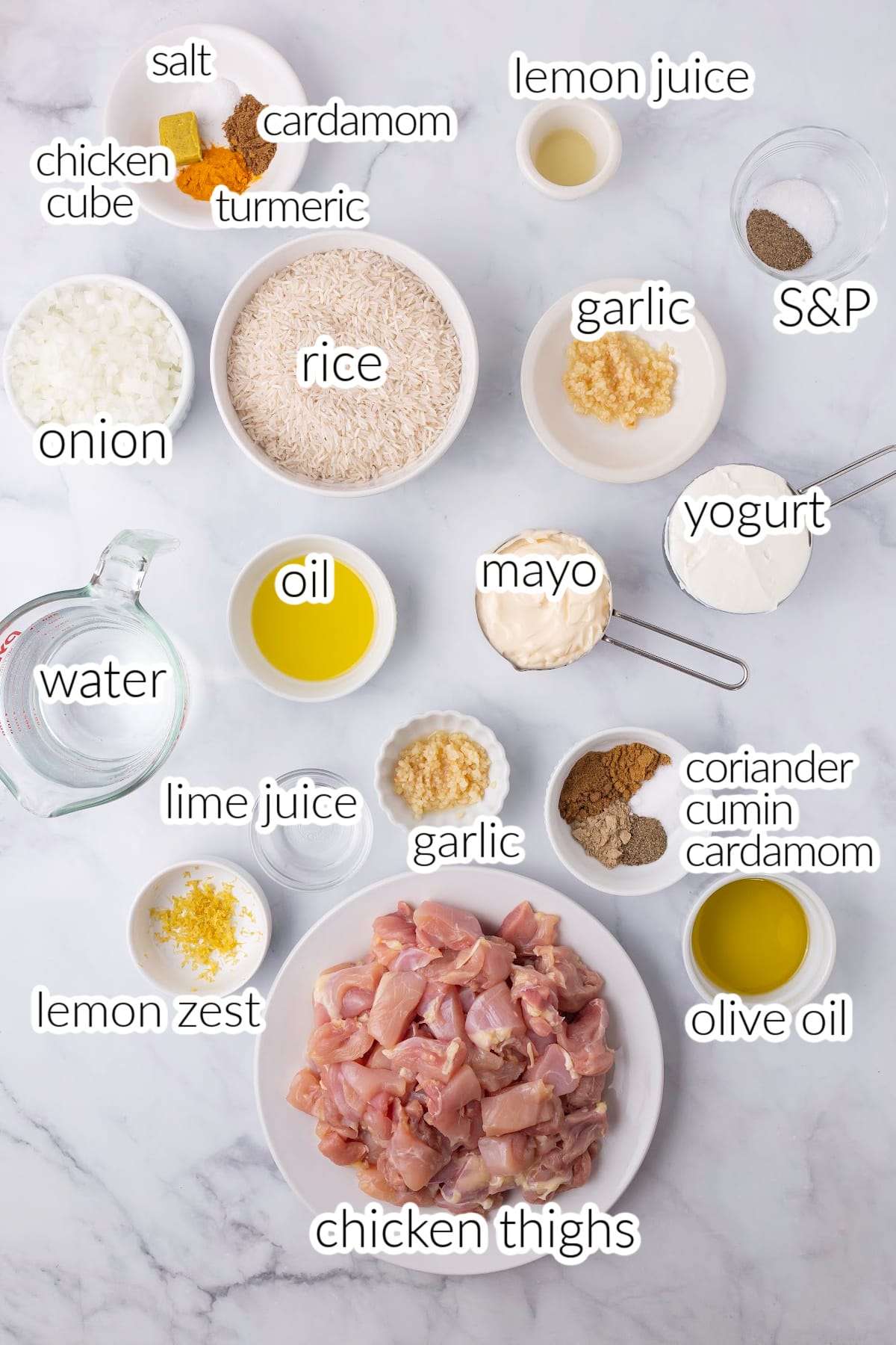 Ingredients for this recipe on a marble counter top.