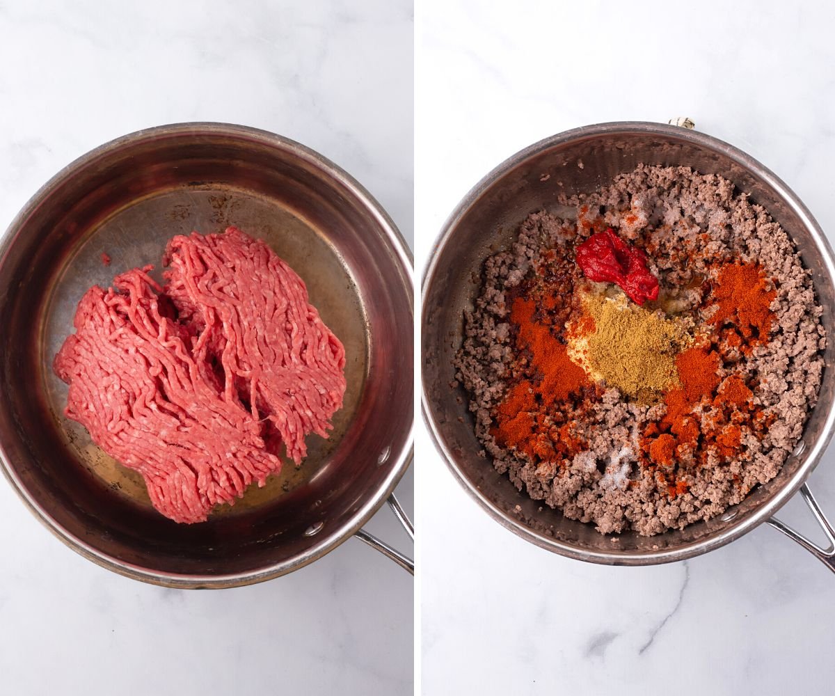 A collage of two images showing how to make taco meat.