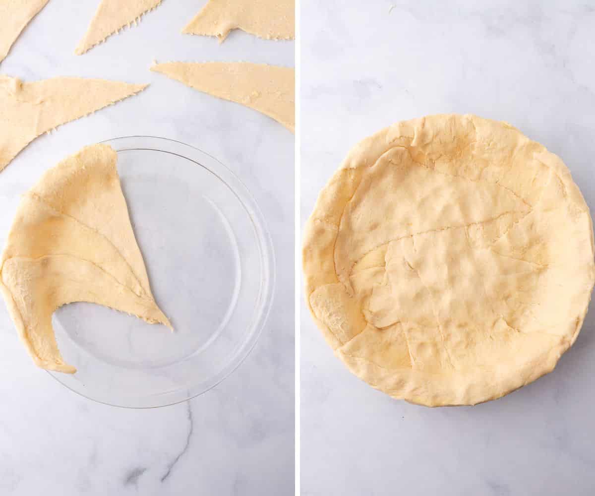 A collage of two images showing how to layer crescent rolls.