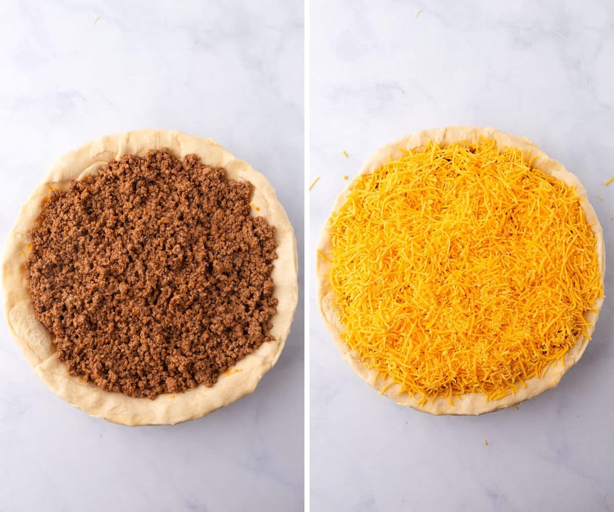 A collage of two images showing how to assemble and bake this recipe.