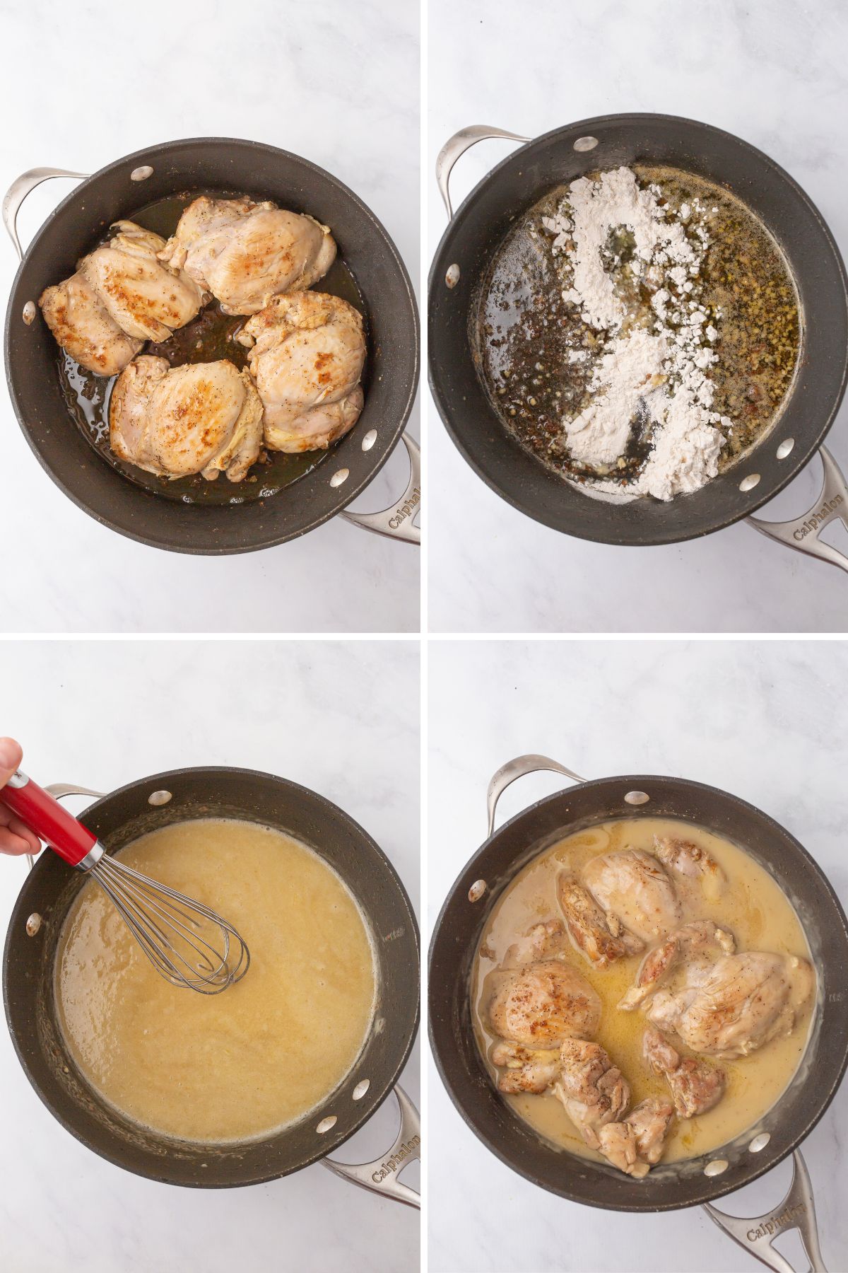 A collage of four images showing how to prepare dill chicekn recipe.