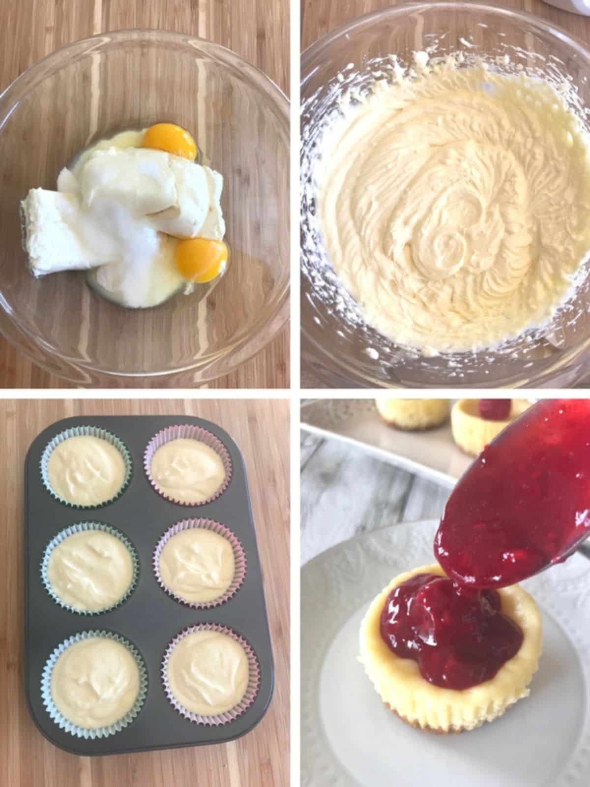 A collage of four images showing how to make mini cheesecakes.
