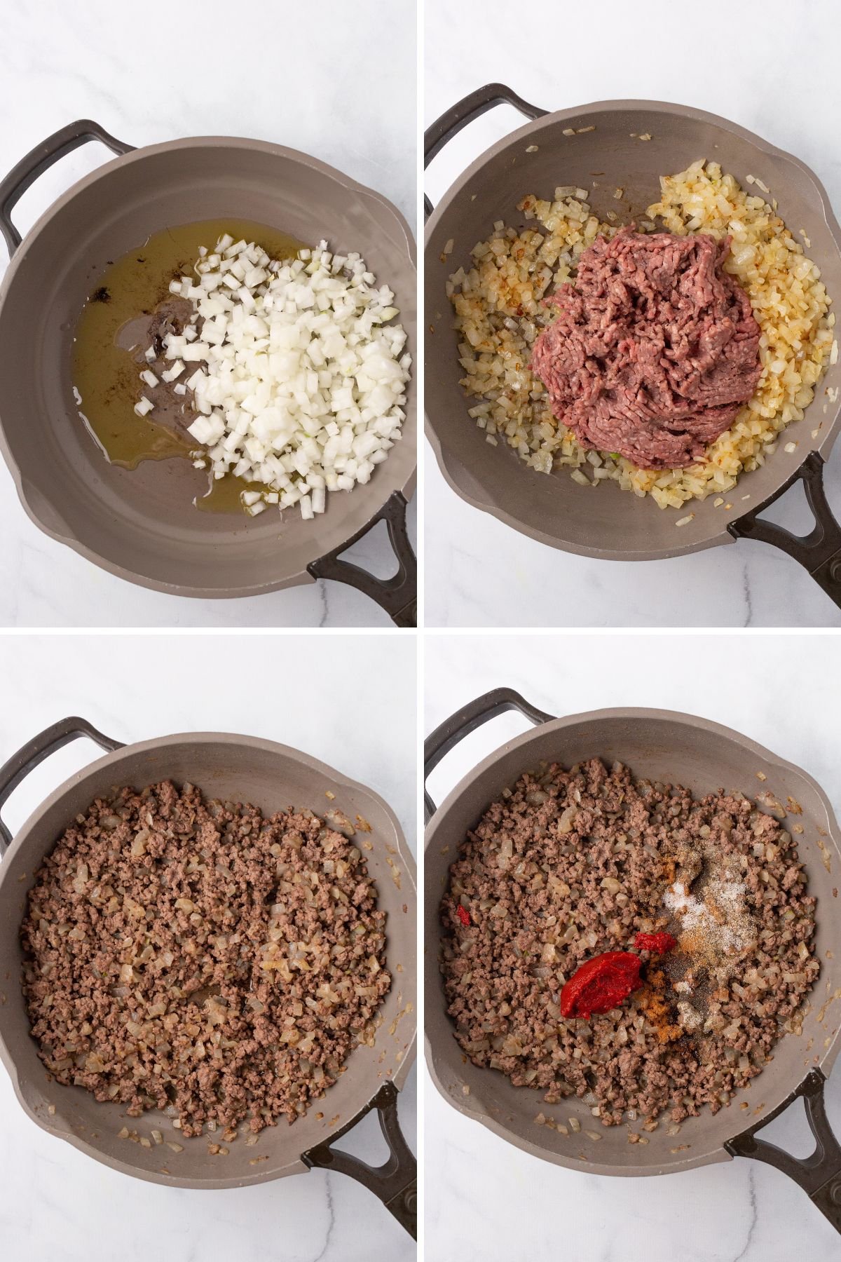 A collage of 4 images showing how to make seasoned ground beef.