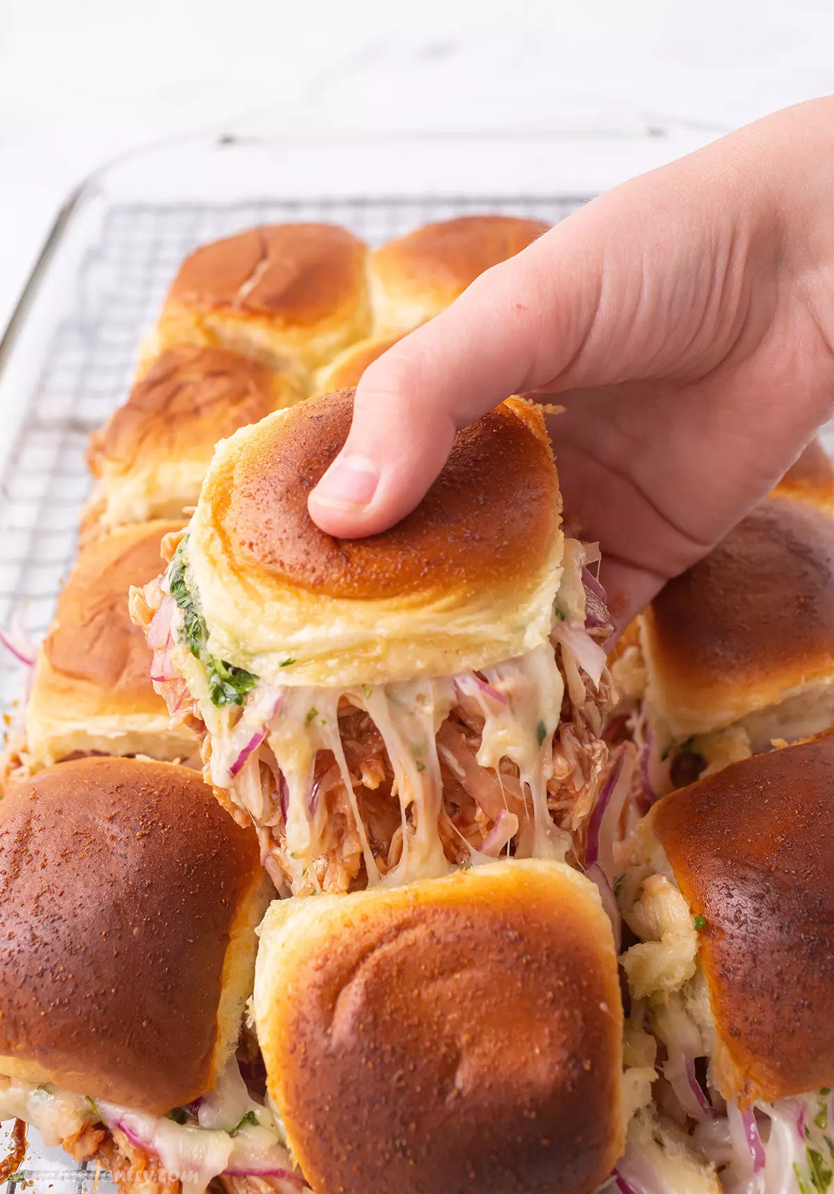A hand pulling out a slider sandwich from a tray.