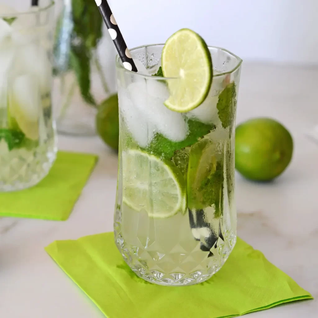 A close up photo of a freshly made Mojito mocktail glass garnished with lime slice and fresh mint leaves.