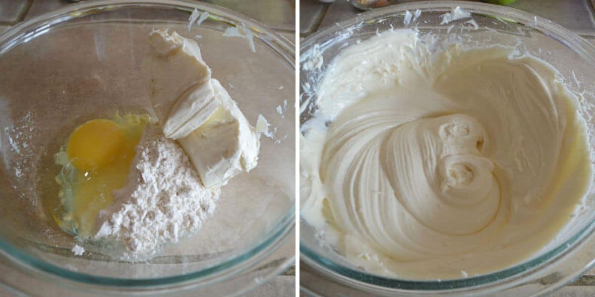 A collage of two images showing how to make cream cheese layer of the cake.