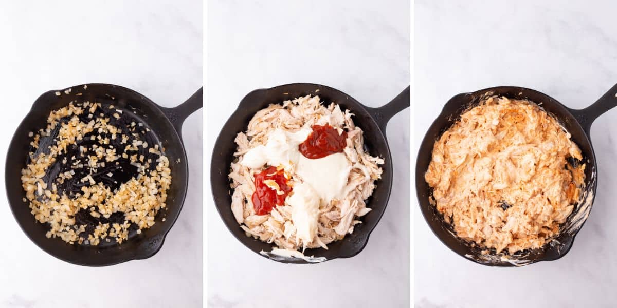 A collage of 3 images showing how to make chicken for sliders.