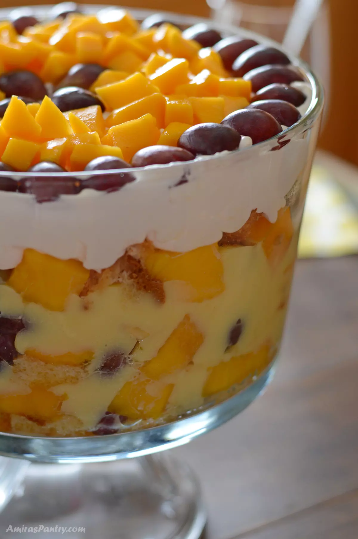A close up side look at a fruit trifle.