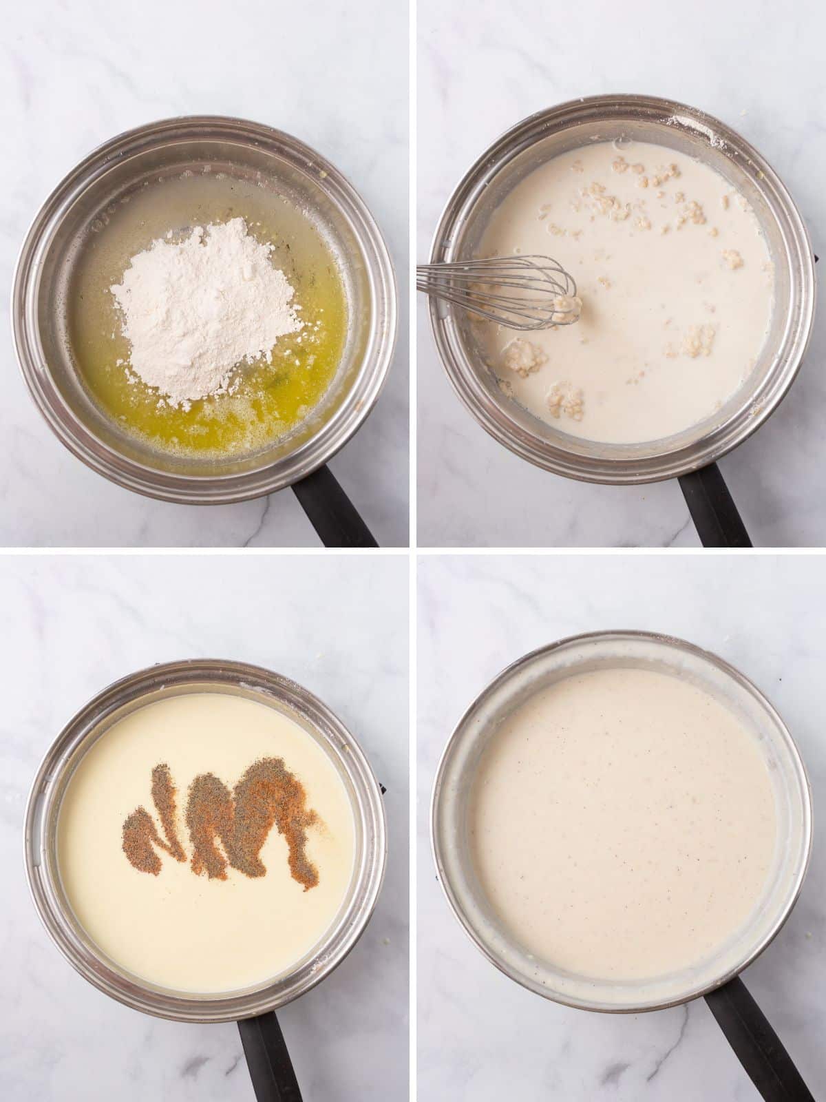 A collage of four images showing how to make white sauce for the lasagna.