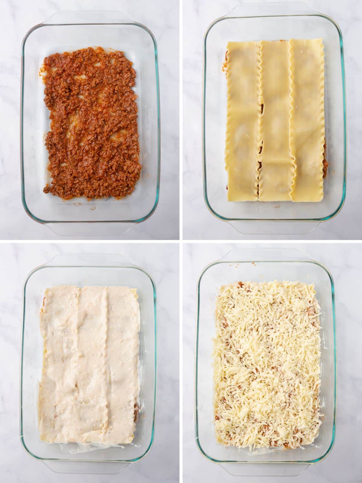 A collage of four images showing how to assemble lasagna.