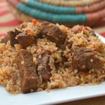 A close up look at the rice and meat in a white plate.