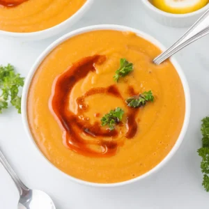 A top view of a white bowl filled with Turkish red lentil soup.