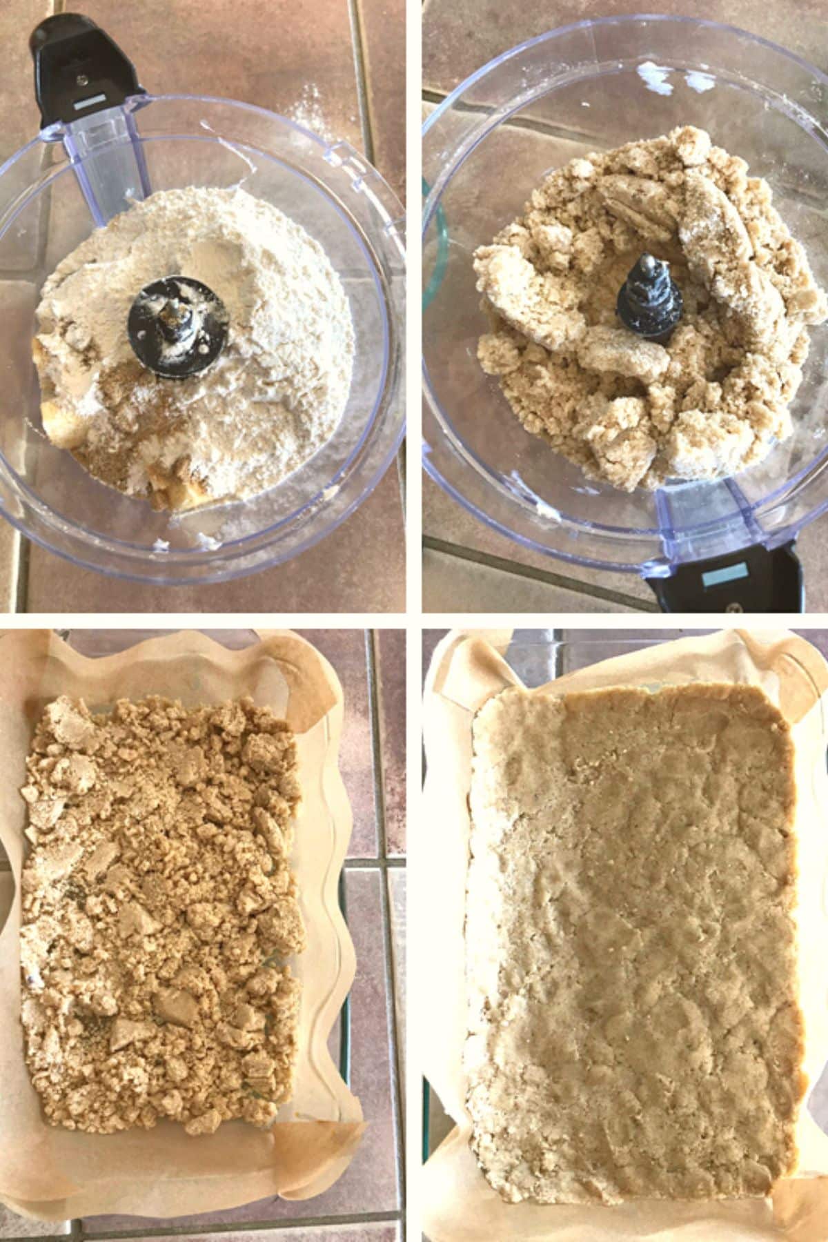 A collage of four images showing how to make shortbread base.