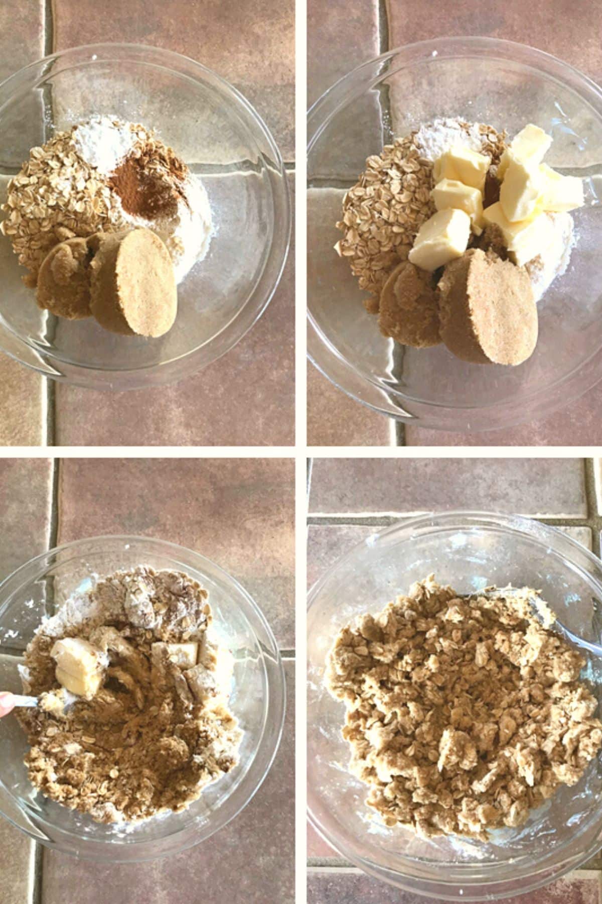 A collage of four images showing how to make crumb topping.
