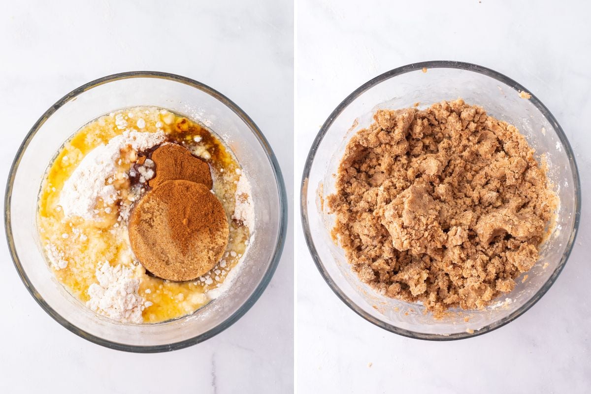 A collage of two images showing how to prepare the crumb topping.