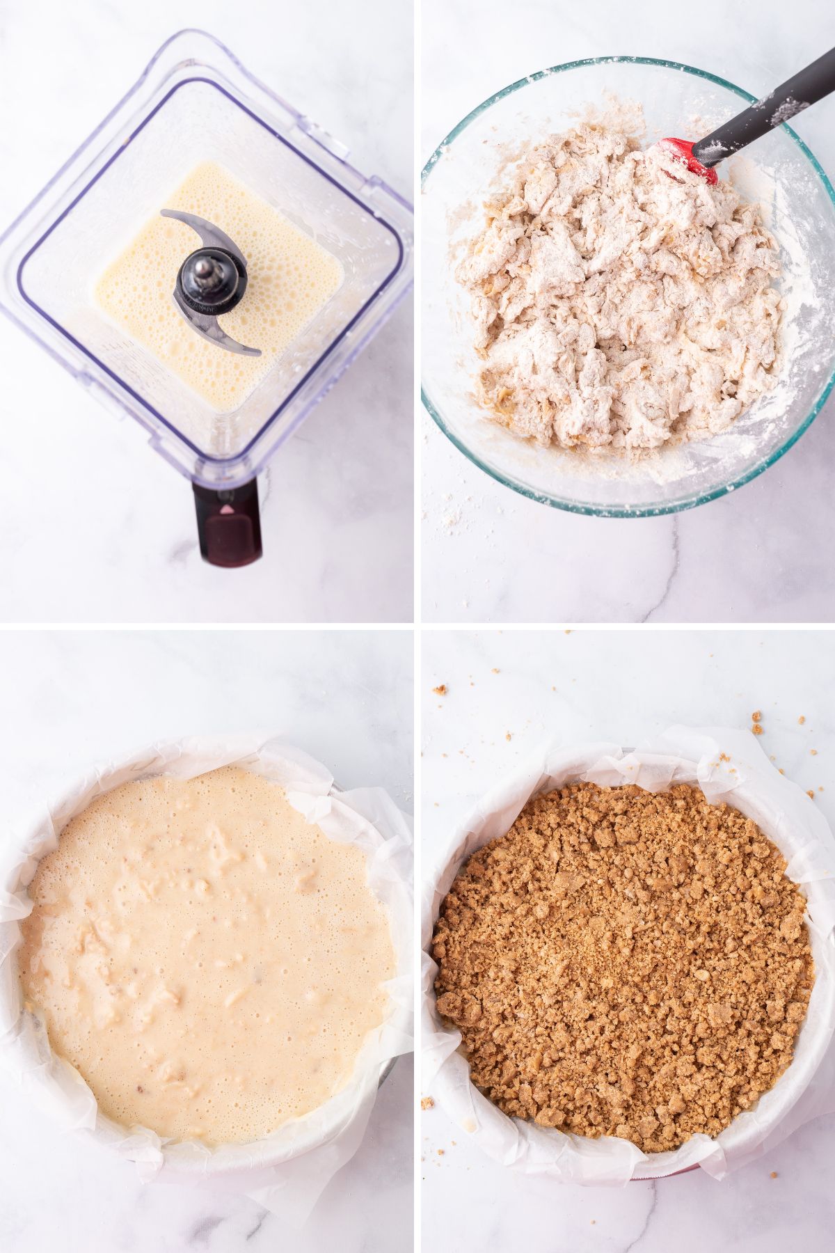 A collage of four images showing how to make the apple crumb cake.