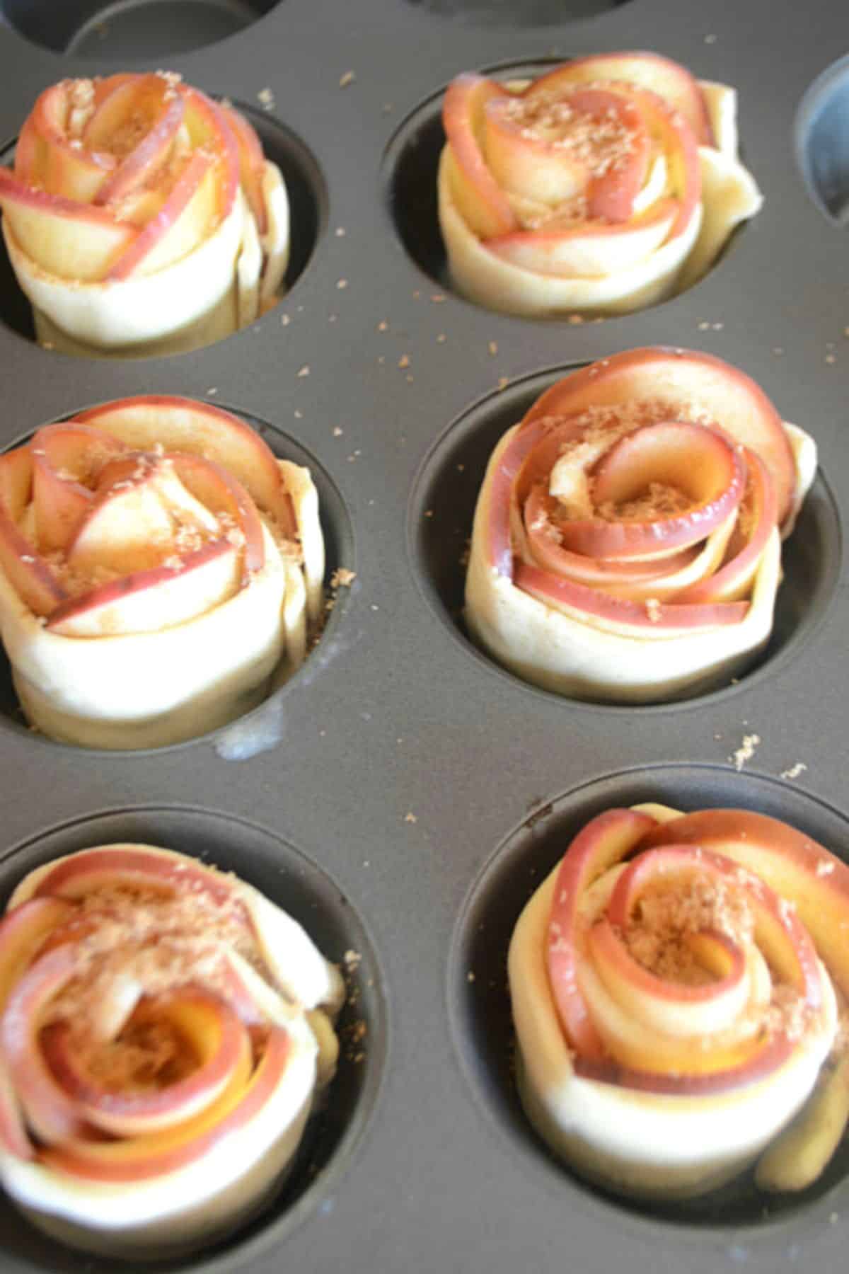 Apple roses in a muffin tin ready to be baked.