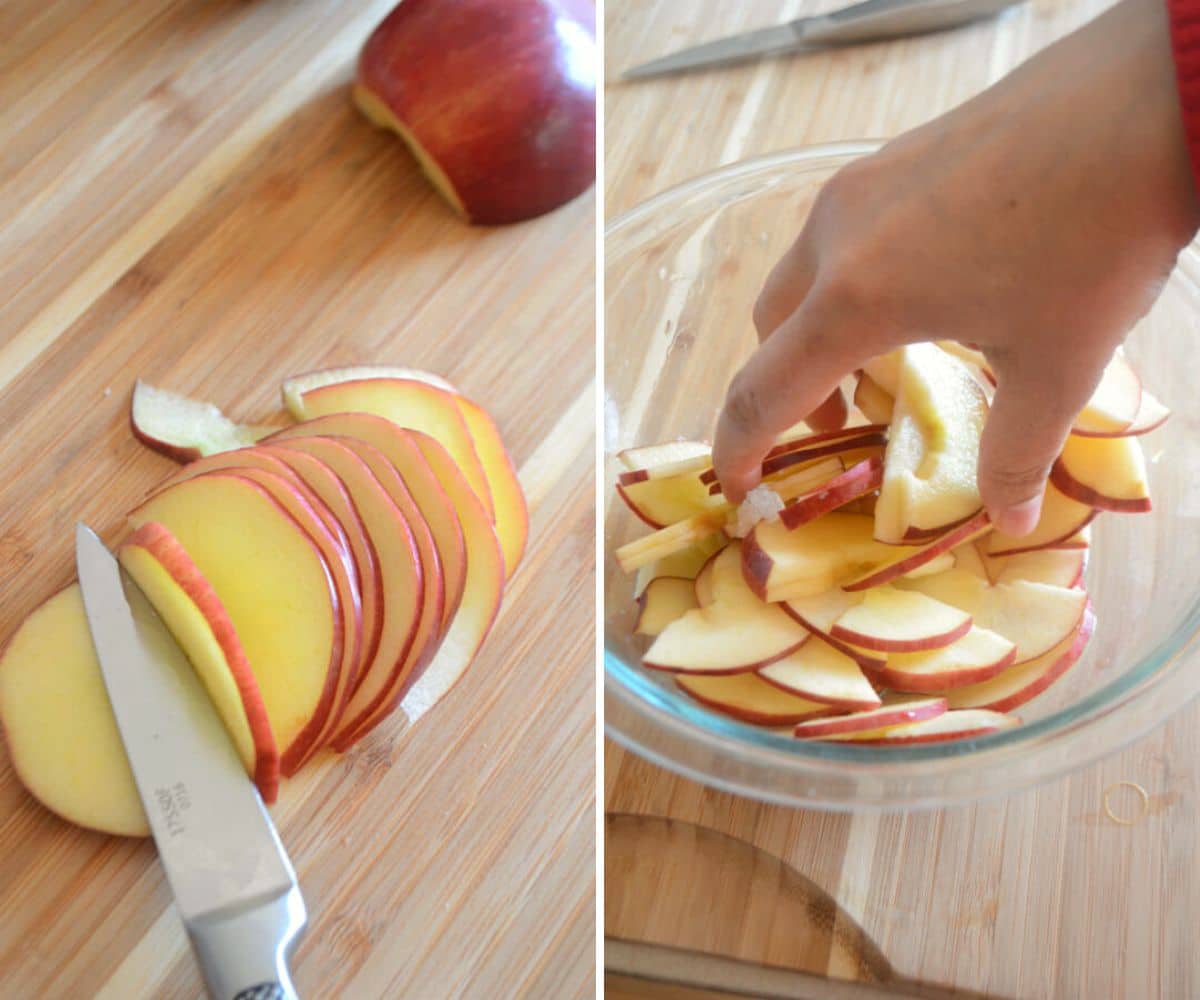 A collage of two images showing how to cut and microwave apple slices.
