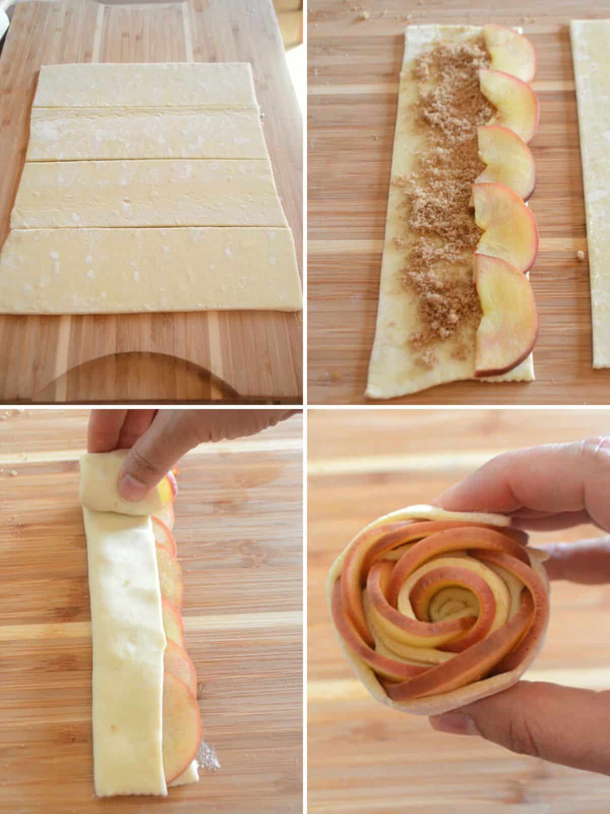 A collage of four images showing hot to assemble apple roses. Puff Pastry Apple Roses - Amira's Pantry Puff Pastry Apple Roses &#8211; Amira&#8217;s Pantry apple roses step2