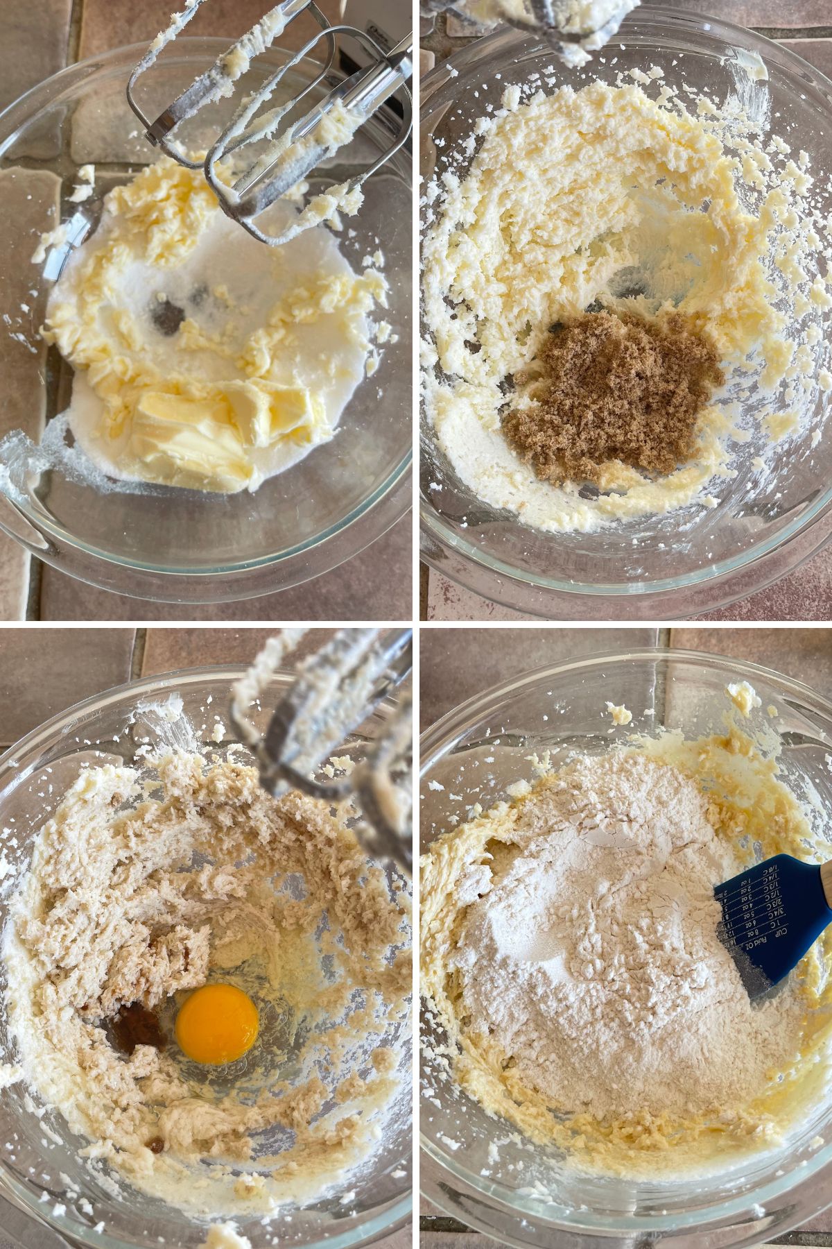 A collage of 4 images showing how to make snickerdoodle cookies.