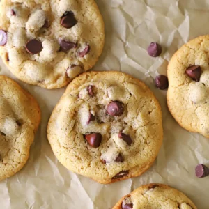 A close up of Cookie made with Tahini and chocolate chips