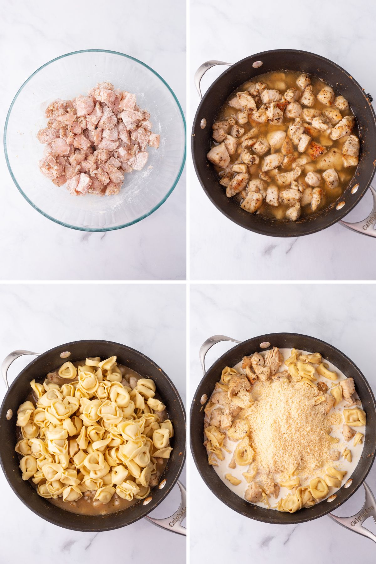 A collage of four images showing how to make tortellini alfredo. Panera Chicken Tortellini Alfredo (Copycat Recipe) Panera Chicken Tortellini Alfredo (Copycat Recipe) tortellini alfredo steps