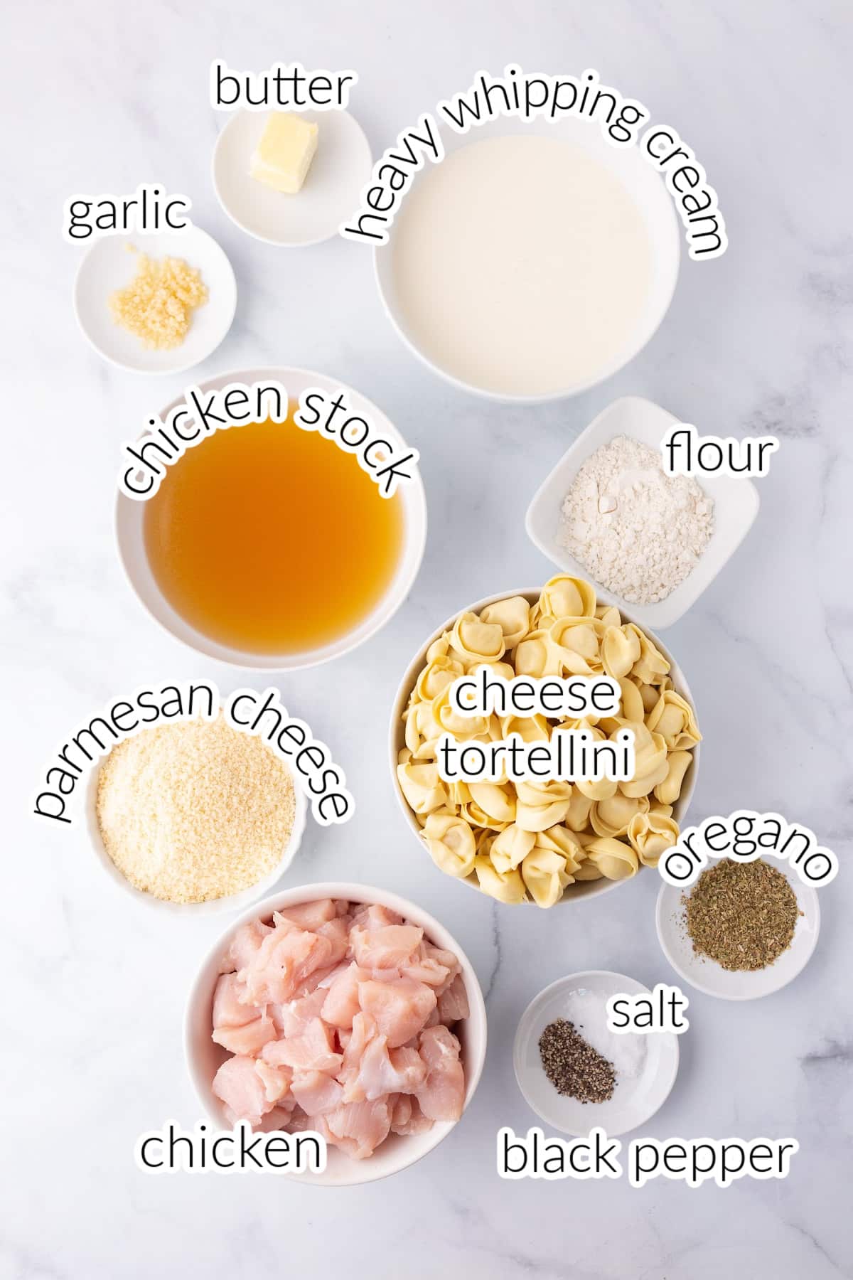 Recipe ingredients on a white surface.