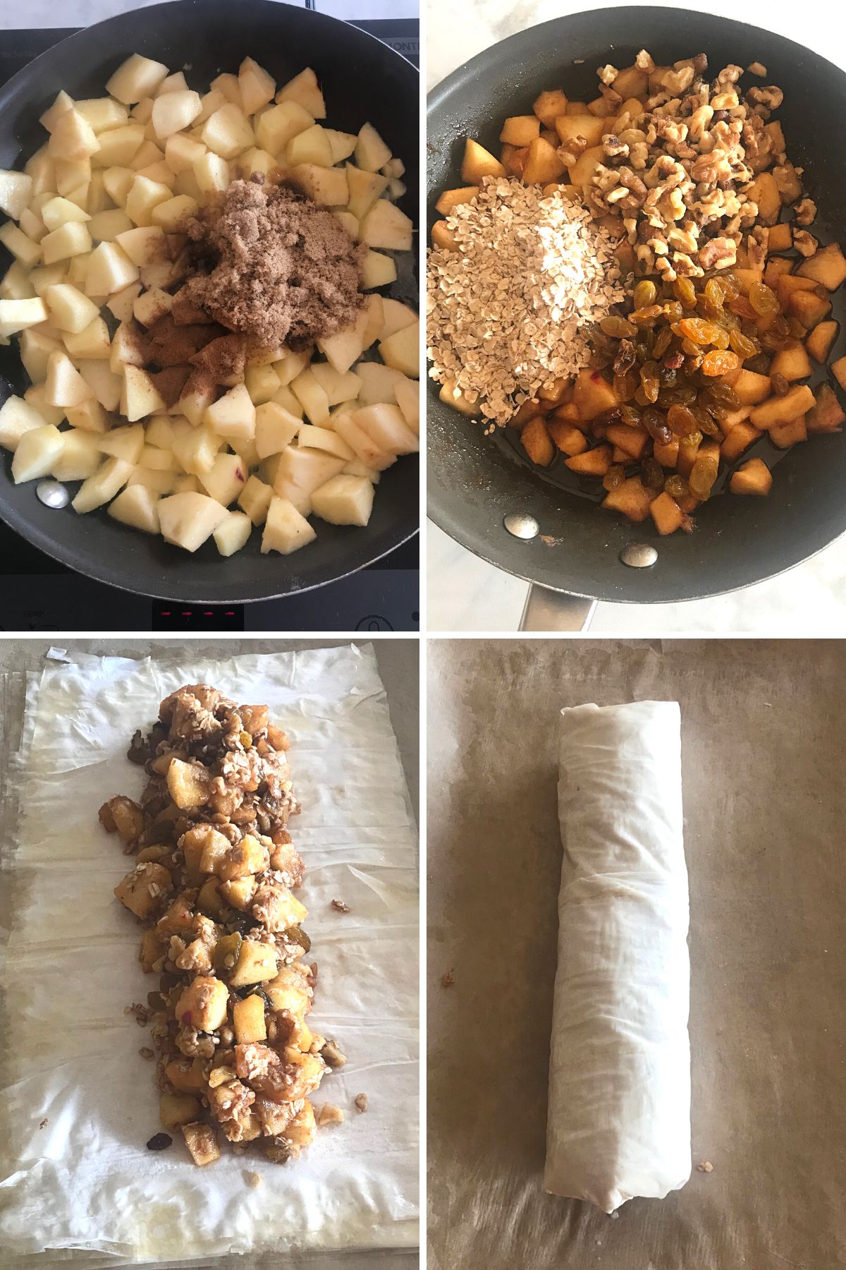 A collage of four images showing how to make apple strudel with phyllo dough.