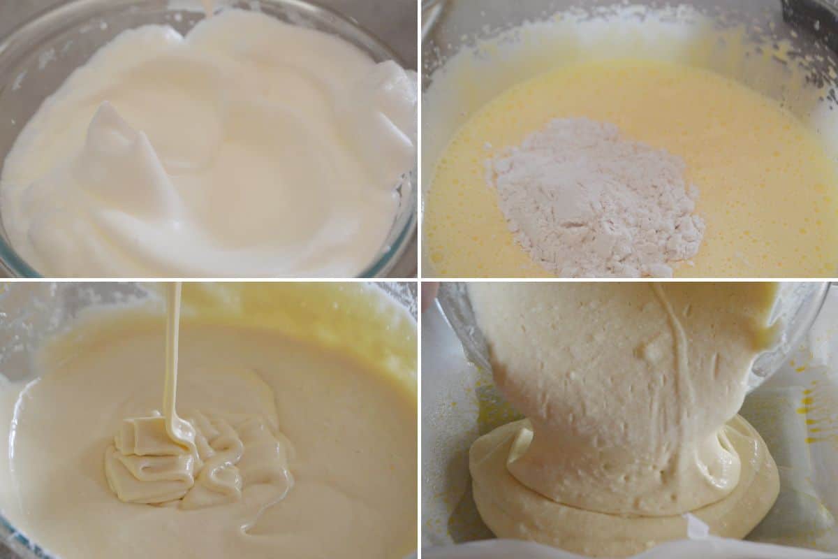 A collage of four images showing how to make cinnamon cake roll batter.