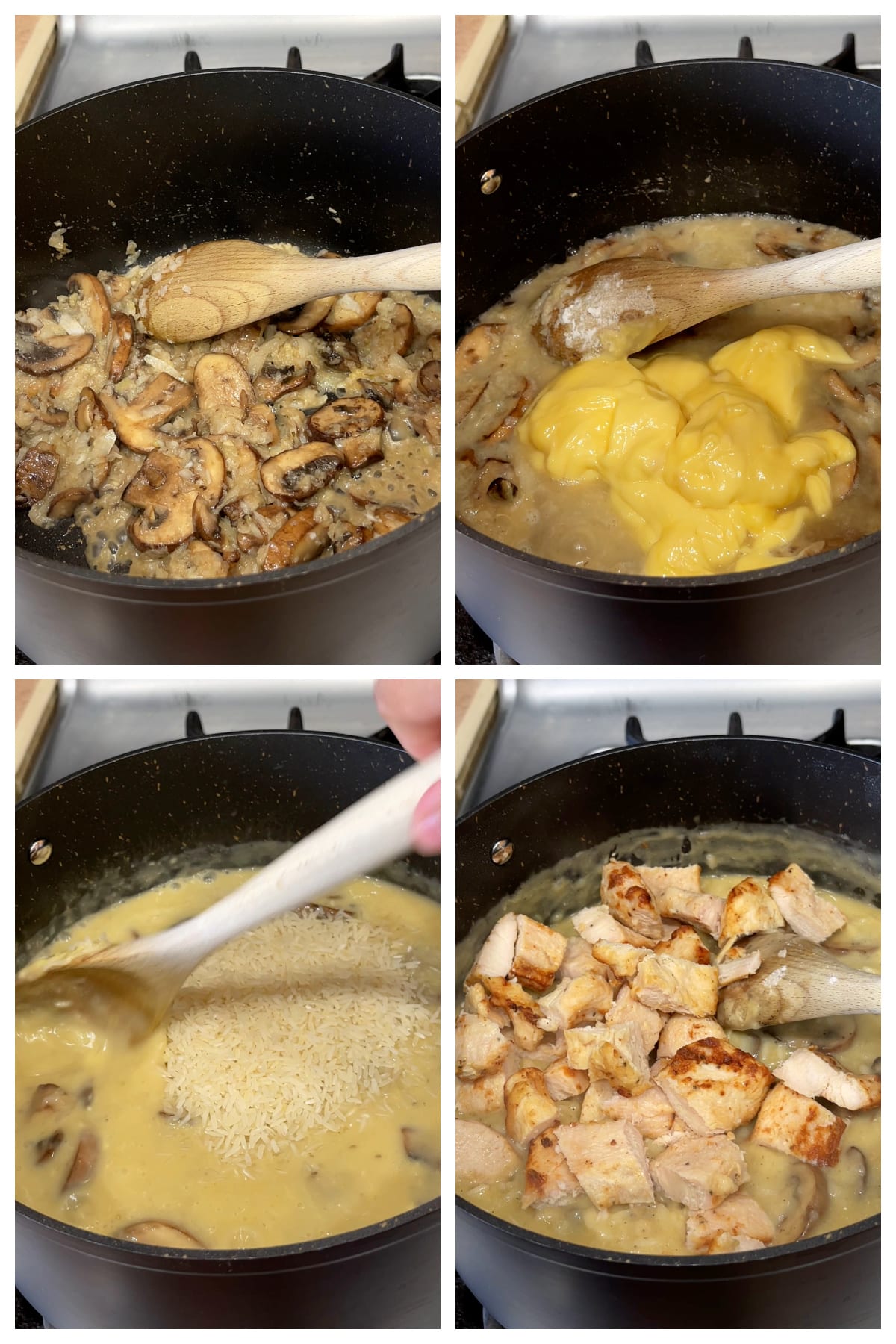 A collage of four images showing how to make cracker barrel chicken and rice recipe.