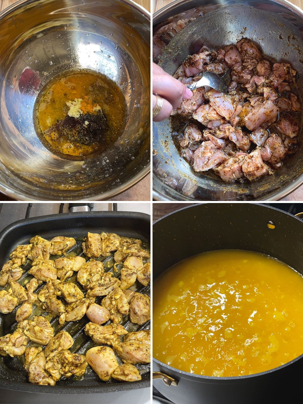 A collage of four images showing how to make Halal guys chicken and rice.