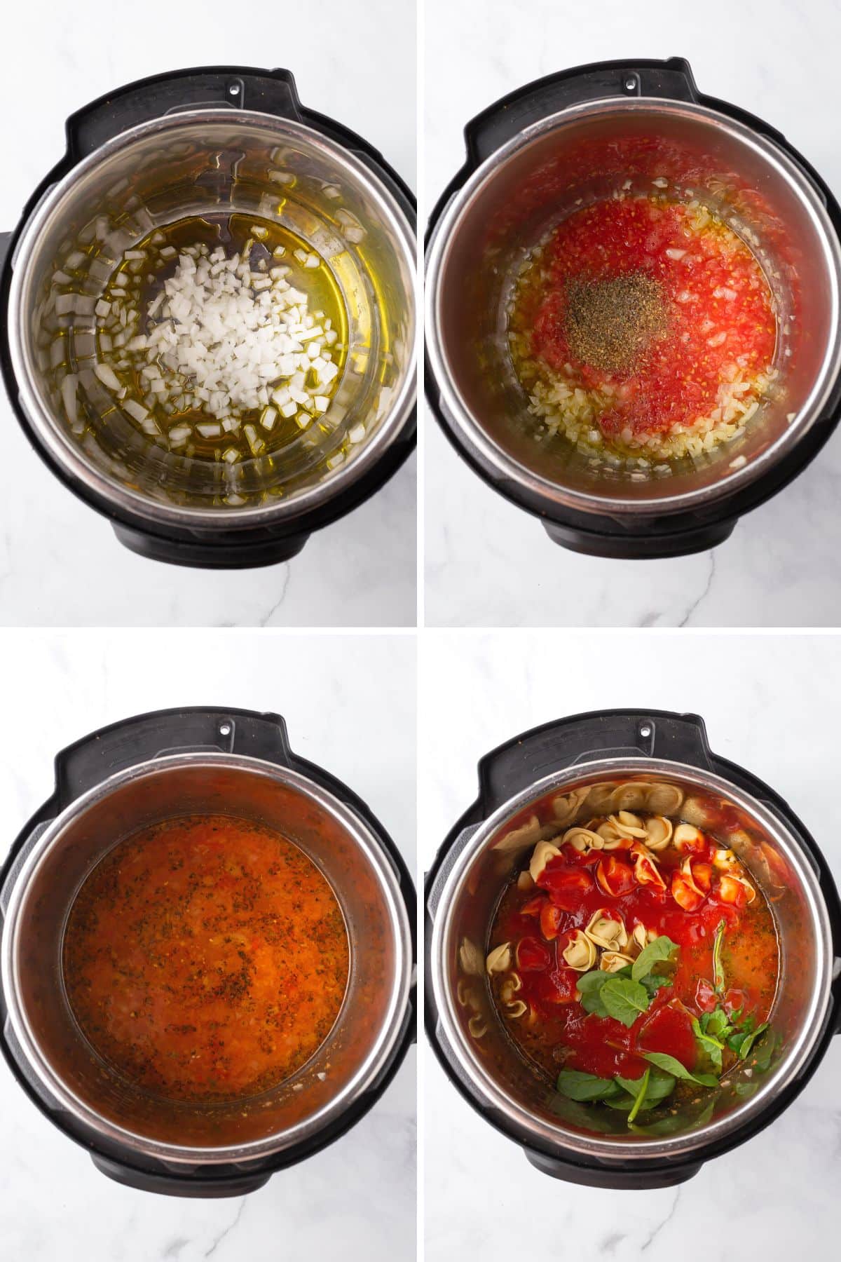 A collage of four images showing how to make tortellini soup.