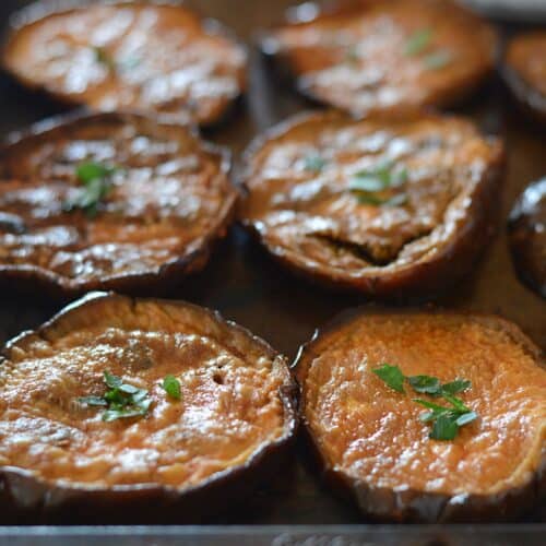 Roasted Eggplant slices topped with a jalapeño garlic sauce- a simple , Eggplant Recipe