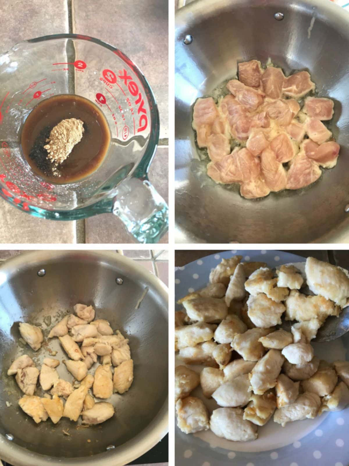 A collage of 4 images showing how to stri fry kung pao chicken.