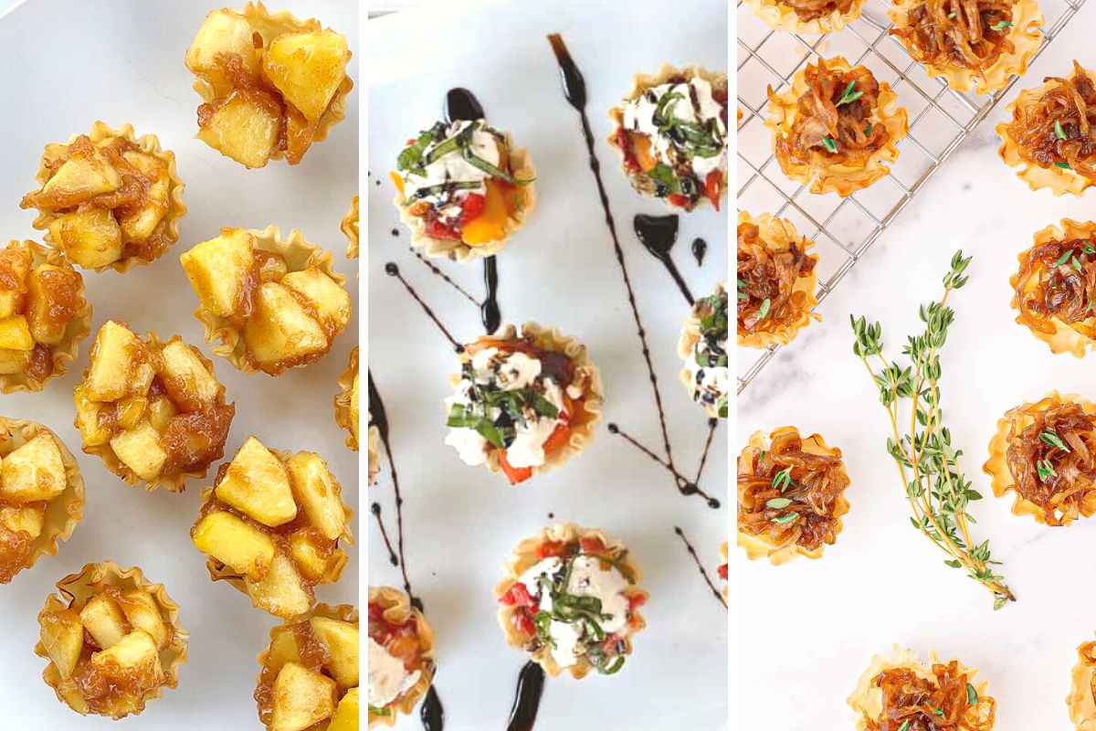 A collage of three images for phyllo cups recipes.