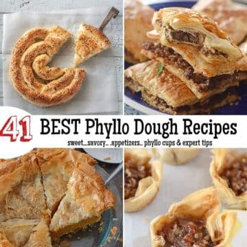 A collage of four phyllo dough recipes with text layover.
