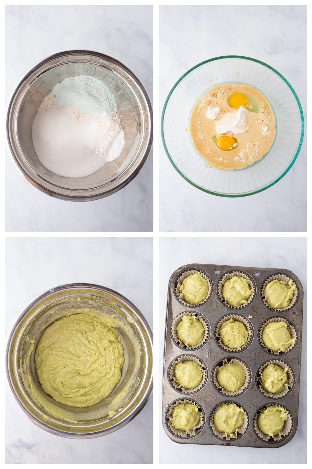 A collage of four images showing how to make pistachio muffins.